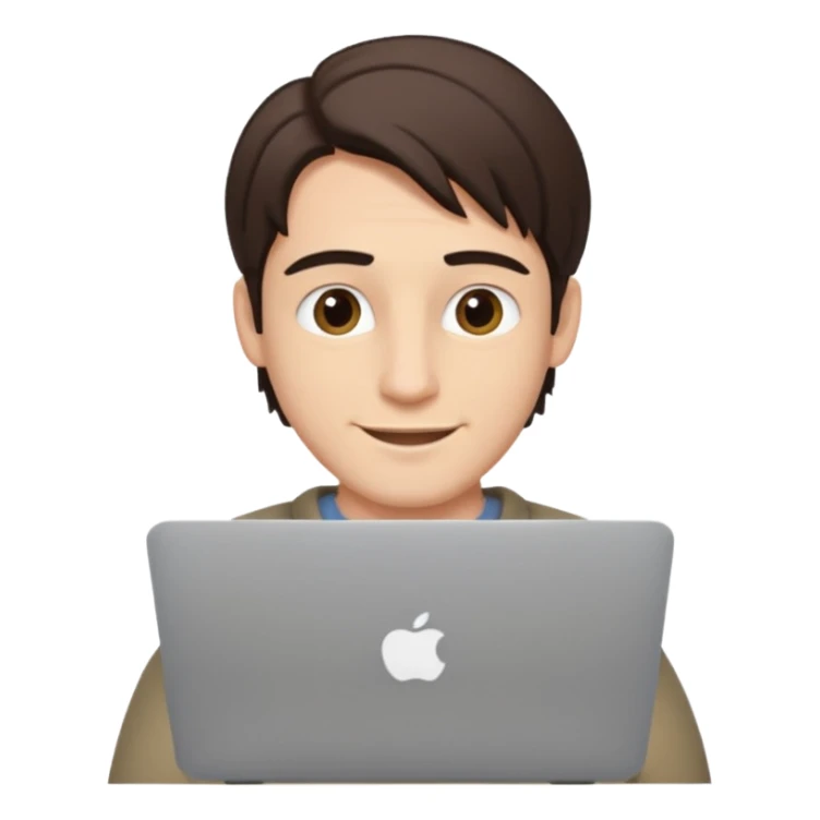 A man in his mid 20s, middle part average dude with slightly droopy eyes, happy, using a MacBook, hero for an iOS developers website sticker