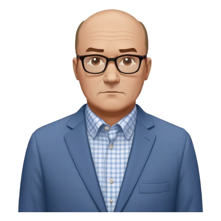 Larger 50-year-old man with extremely wide square face and big square jawline. Balding with hair on top but very little on sides. Large dark square-framed glasses. Serious expression. Wearing a light gray blazer that accommodates his bigger build, white button-up shirt with blue checkered pattern. sticker