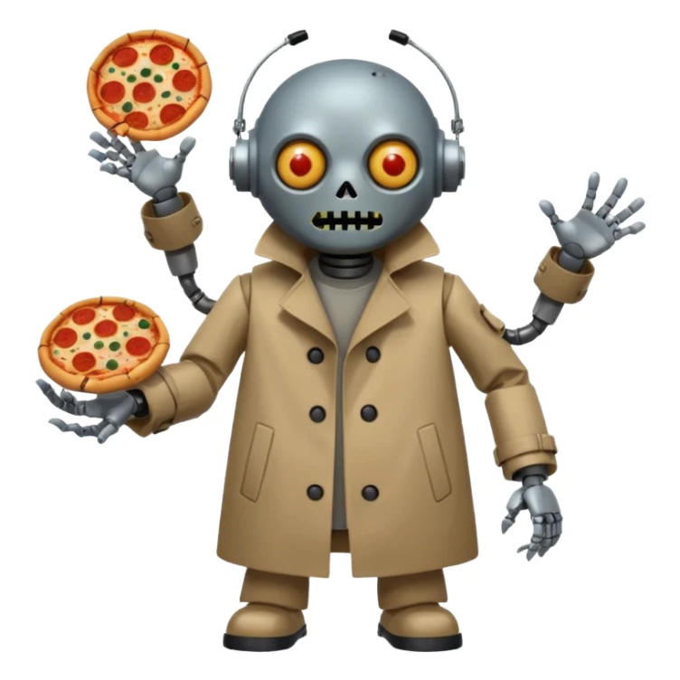 a glitch abomination with hands for a head, a baskeball stomach, pizza eyes, eyepatch, and zombie wounds, wearing trench coat, and robot crowd sticker