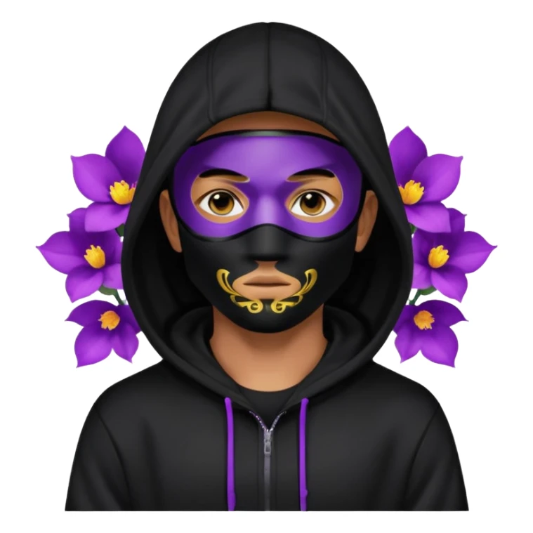 no visible face non human cartoon character related to a shadow, with all black clothes, focusing a black hoodie, and a versace face mask covering his entire face, just his purple shadow eyes making a light bloom sticker