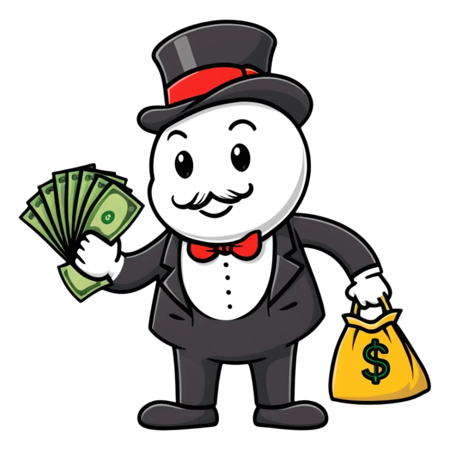 Rich Uncle Pennybags with money bag, monopoly mascot sticker