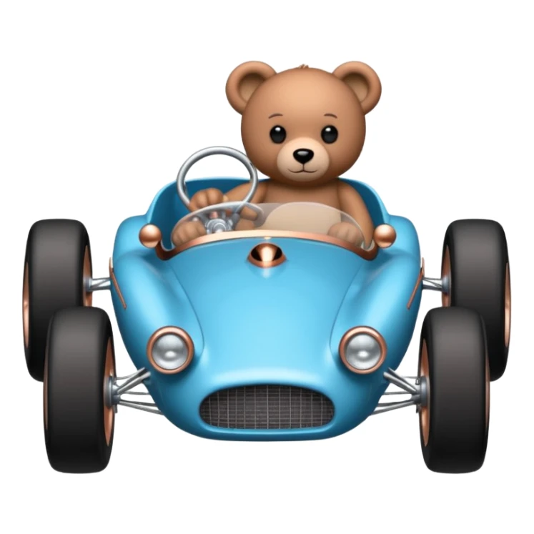dar crystal blue and rosegold-accented  retro racing car driven by a small evil scary teddy bear with rear spoiler, roll cage, and wheely bar sticker
