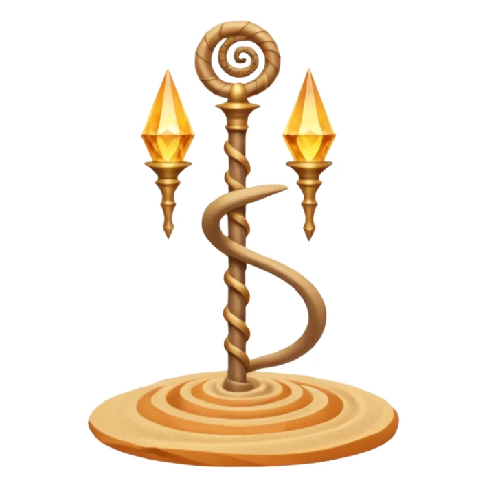 desert sand mage staff object icon, ancient staff with serpent coils around it, glowing golden sand gem on top, swirling sand aura, fantasy desert weapon, 3D cartoon, mobile game icon style, centered, clean background, no text, no watermark
 sticker