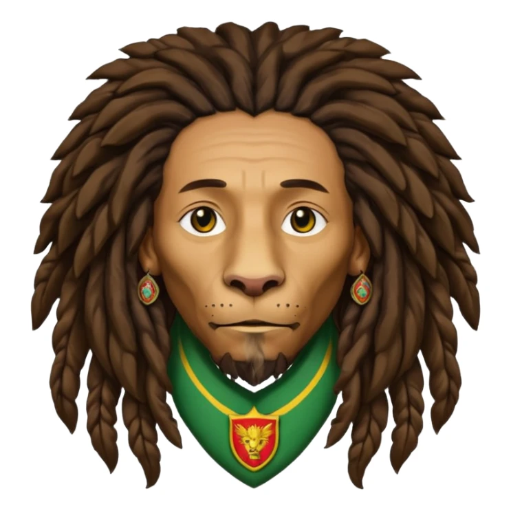 old melancholic  Bob Marley with gigantic dread locks in form heraldic crest with ethiopian lion sticker