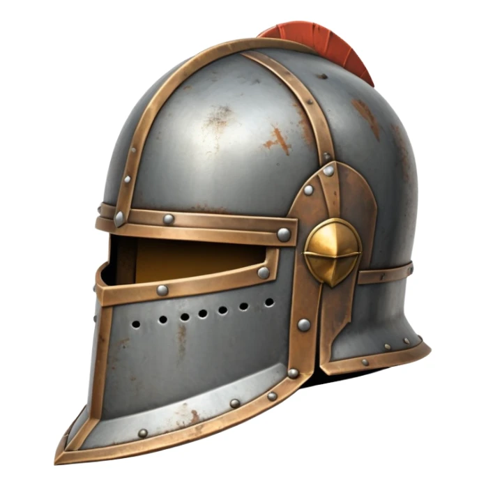 antique medieval knight helmet with light rust patches and weathered metal sticker