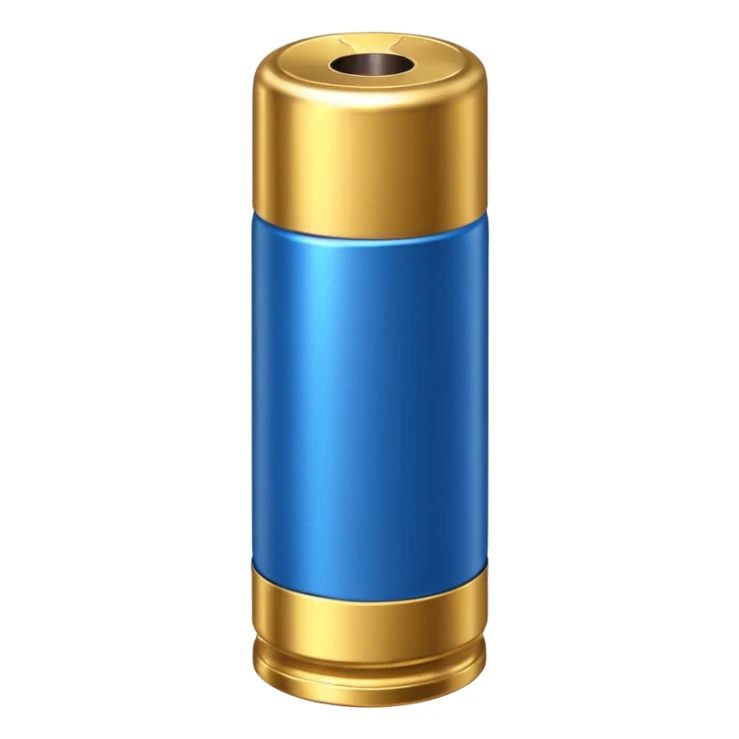 a single blue shotgun shell with a golden base sticker