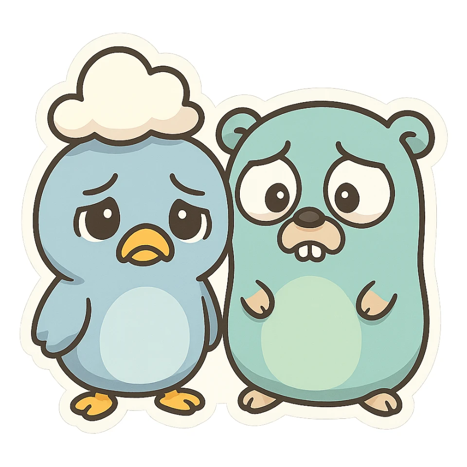 cartoon-style Traefik and Go gopher together, both looking sad, bold lines, expressive sticker