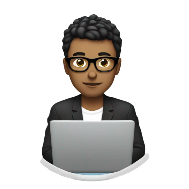 white man with black hair, with circle glasses playing with laptop sticker