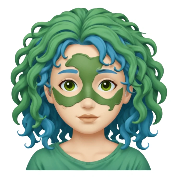 messy green clay mask curly long very blue hair sticker