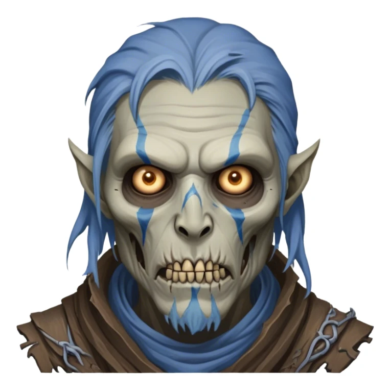 Cinematic Realistic WoW undead civilian Portrait, depicted with decayed yet noble features, his weathered, pallid skin etched with ghostly blue veins and ancient scars. Clad in modest, tattered attire in muted browns and greys that remain consistently rugged, his hollow eyes burn with determined defiance. Rendered with lifelike texture and dramatic natural lighting, high shine, noble and resilient, capturing the stoic spirit of an undead veteran of Azeroth. sticker