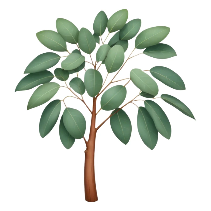 Cinematic Realistic Eucalyptus Emoji, Tall and graceful, with slender trunks covered in smooth, peeling bark and large, fragrant leaves. The eucalyptus trees sway gently in the breeze, releasing a calming aroma that fills the air. Soft glowing outline, capturing the essence of rugged beauty and natural serenity in a tall eucalyptus tree! sticker