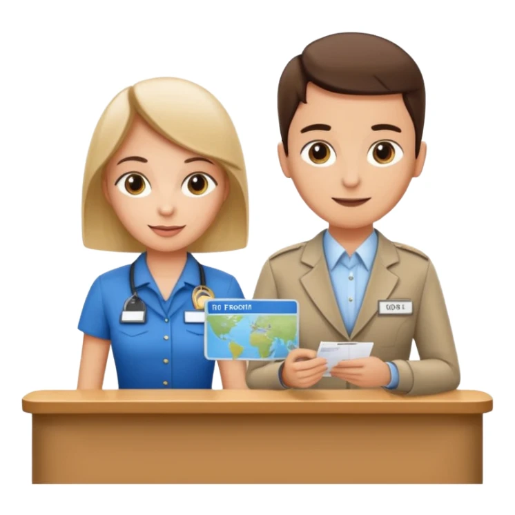 receptionist and tourist standing on hotel reception desk\ sticker