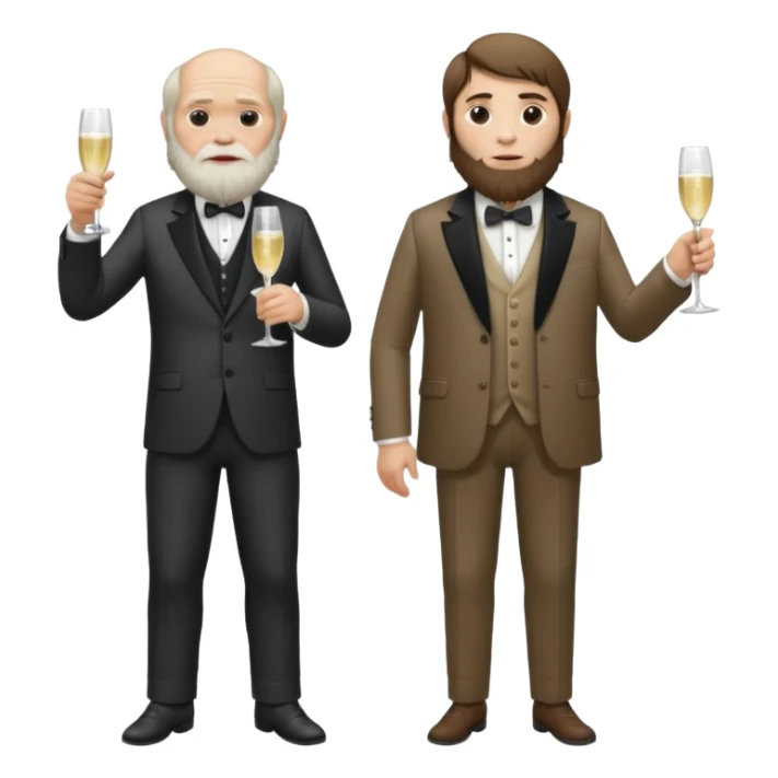 CHARLES darwin standing next to a Neandertal. They are drinkung champagne sticker