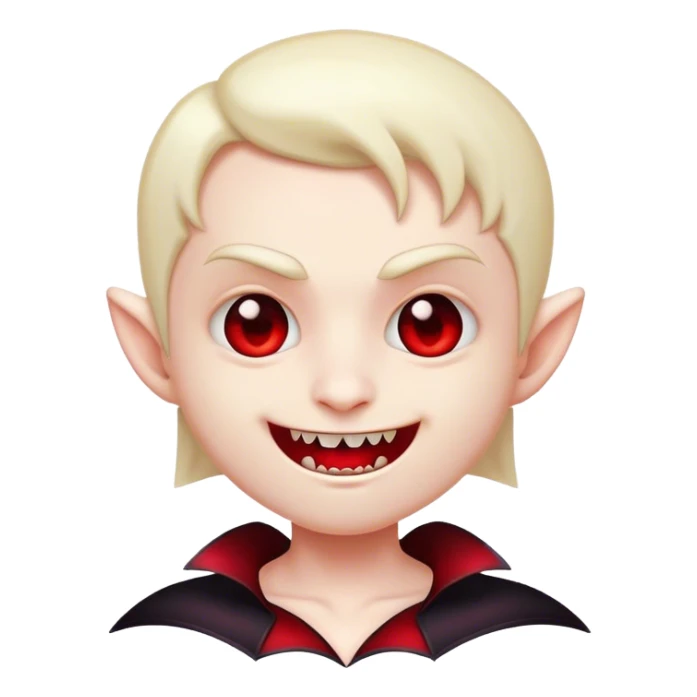 Cinematic Cute Vampire Portrait Emoji, with a refined yet playful small, rounded pale face accented by tiny, cute fangs and bright, twinkling eyes, sporting miniature elegant dark attire with a hint of crimson, simplified yet irresistibly charming, highly detailed with a soft glowing outline that captures the delightful duality of spooky sweetness and stylish allure! sticker