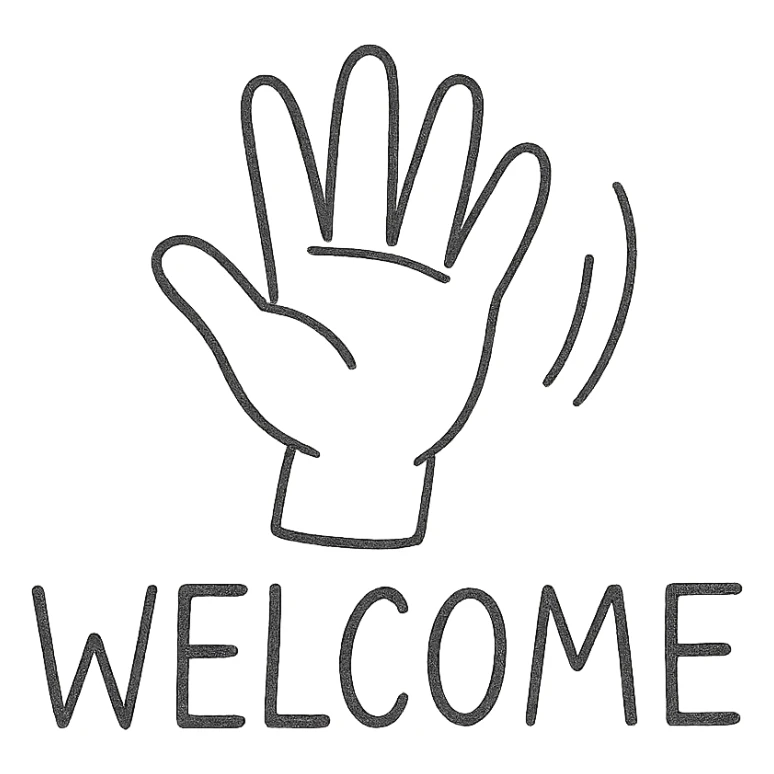 hand drawn outlined icon of a waving hand with 'Welcome' text sticker
