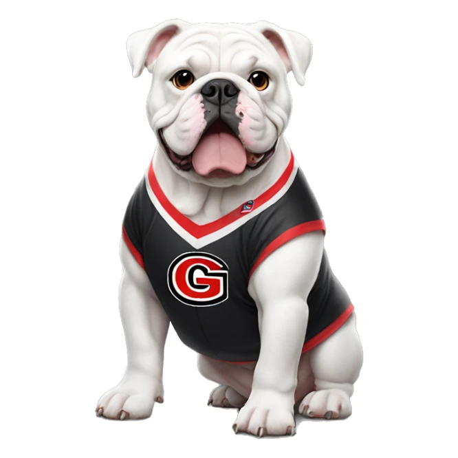White English bulldog wearing a Georgia jersey sticker