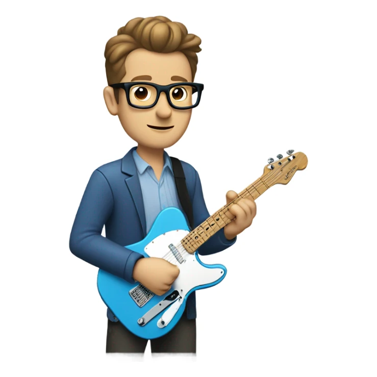 A nerdy white guy with glasses with short brown hair with a small quiff playing a blue classic telescaster sticker