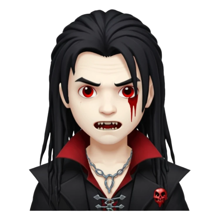 Boy, vampire, black long hair similar to dreadlocks, bloody fangs, emo sticker
