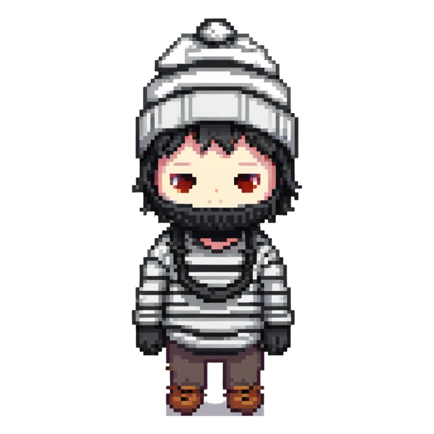 character with black and white striped shirt, black beanie, black mask over eyes sticker