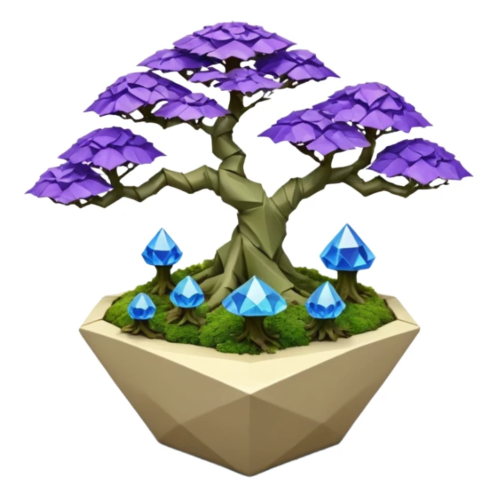 Futuristic wild glowing et alien moss maples Bonsai hair-fine-leaf group multi faceted crystal boxwood purple and cream rose blue informal rocky cliffhanger eight trees forest planting in shallow origami slab style pot with big anthropomorphic feet  sticker