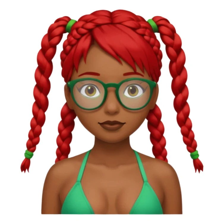 Dark Tan girl with two long red plaits and red rimmed  glasses, green bikini top,  head neck and shoulder shot only sticker