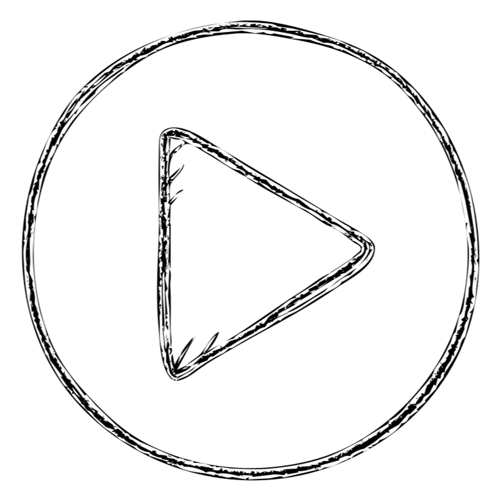 hand drawn outlined play button icon, playful sketchy look, uneven outline sticker