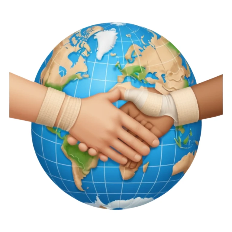 instead of two hands holding a globe, we have two hands handshaking in front of a globe. And in the background, we can see that the globe has a bandage or something. The handshake shows negotiation and the bandage around the globe shows improvement on climate change. Negotiation and climate change.  sticker