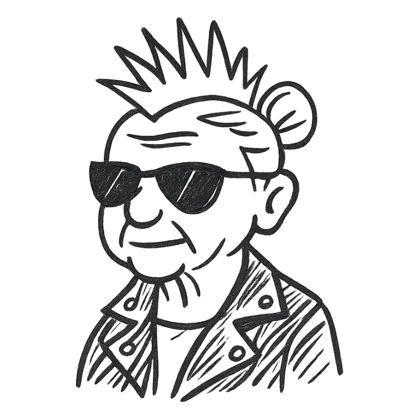 A punk grandma with a leather jacket, spiked hair, and sunglasses sticker