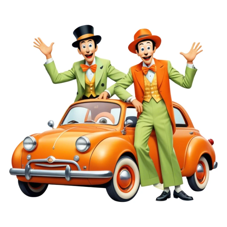 A vintage movie poster-style design with two goofy characters in outrageous outfits, showing exaggerated, silly expressions. Include elements like a goofy car, ridiculous props, and comical facial expressions. Retro comedic style with vibrant colors. Transparent background. sticker