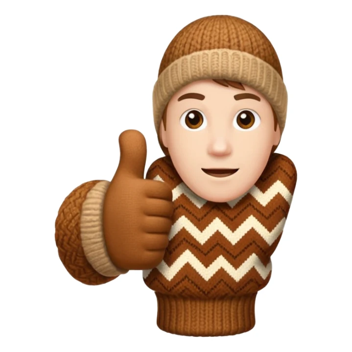 thumbs up fist in brown knit mitten with zig-zag beige pattern sticker