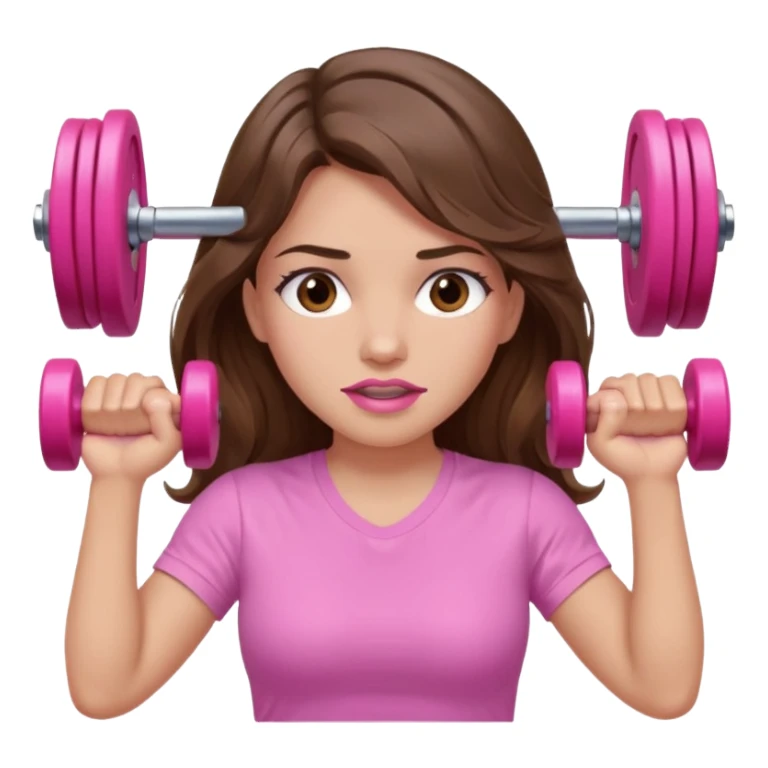 girl with wavy long brown hair, brown eyes, light to medium complexion, long lashes, light pink lipstick, wearing light pink shirt, lifting a pink dumbells sticker