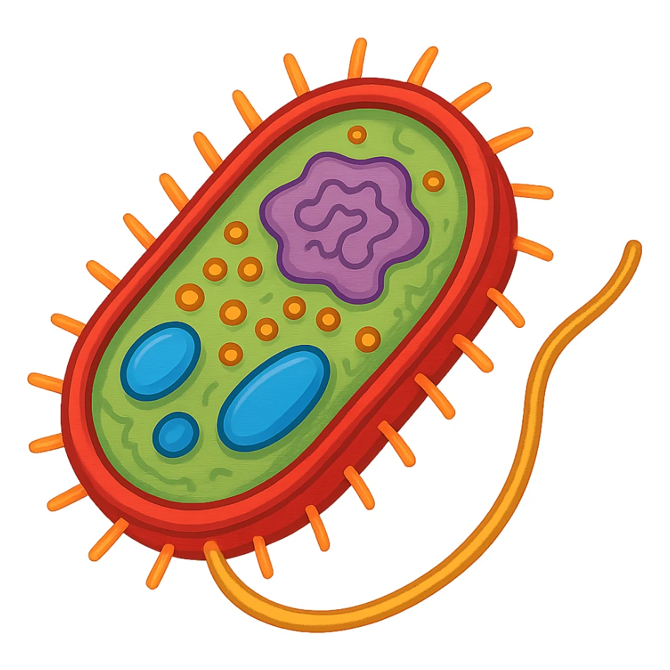 bacterial cell with highlighted organelles, saturated and bright colors, clear details sticker