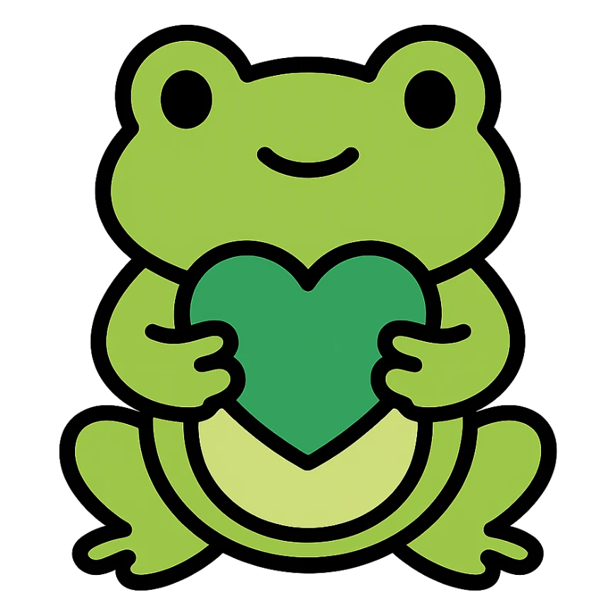 cartoon frog holding a green heart, color outline style sticker