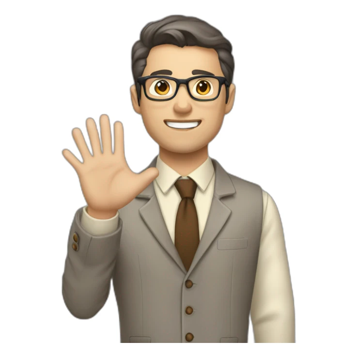To belt Actively gesturing with hands Pale skinned fit man with dark brown hair in gray jacket, beige office shirt, brown tie, brown pants and vintage glasses. sticker