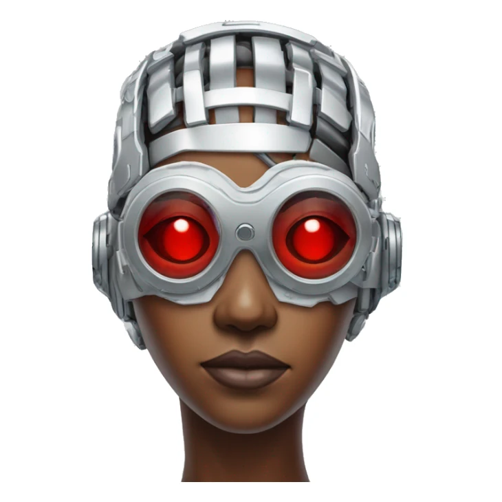 Red skin female cyborg head with silver goggles, silver circuits sticker