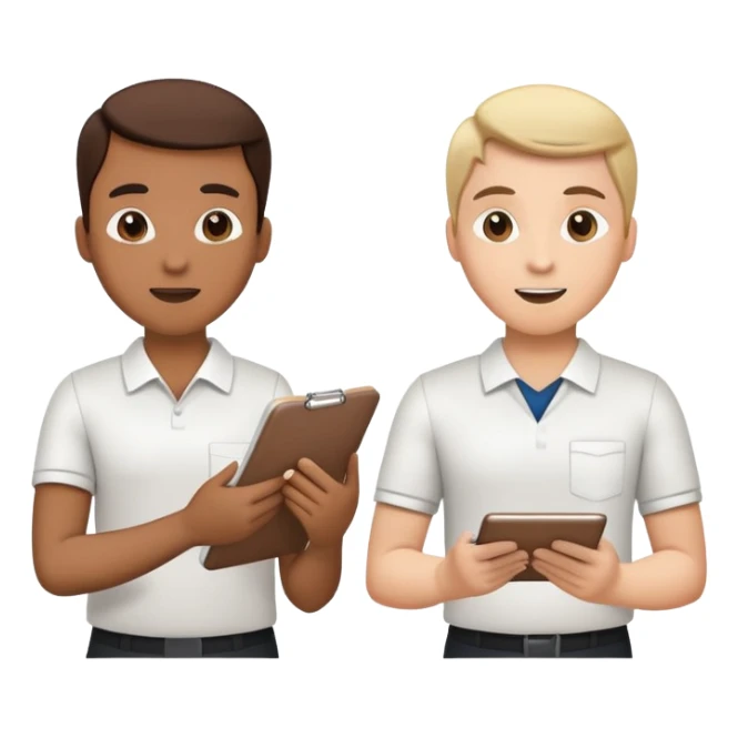 Two team members facing each other, one holding a notepad and the other gesturing, in a collaborative pose sticker