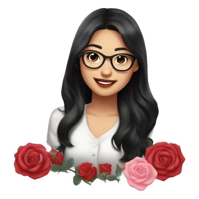 Asian girl, smiling with teeth and dimples on the cheeks, fair skin, black long hair, black eyes, black glasses with gold frames, red lipstick, wearing a white lace tank top and a black office jacket on top, with pink and red roses around herю sticker