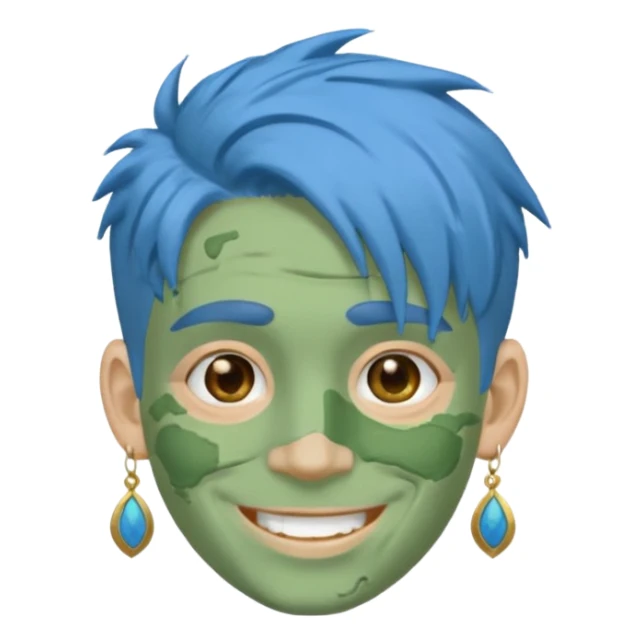 messy green clay mask man with earrings and blue hair sticker