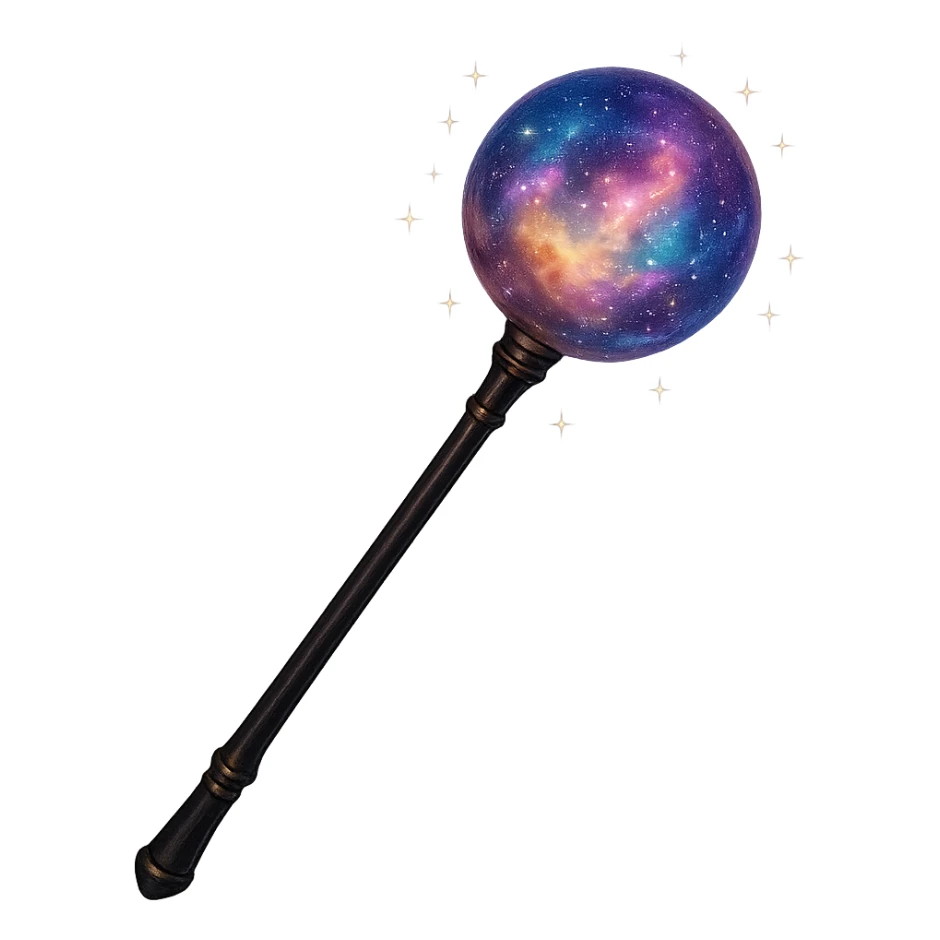 a sleek wand with a glowing nebula orb at the end, surrounded by tiny stars, mystical and celestial, fantasy art sticker