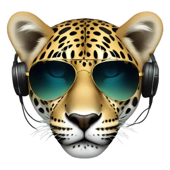 cool jaguar dj, emoji face, looking forward, wearing cool sunglasses, wearing over-ear headphones on top of head sticker