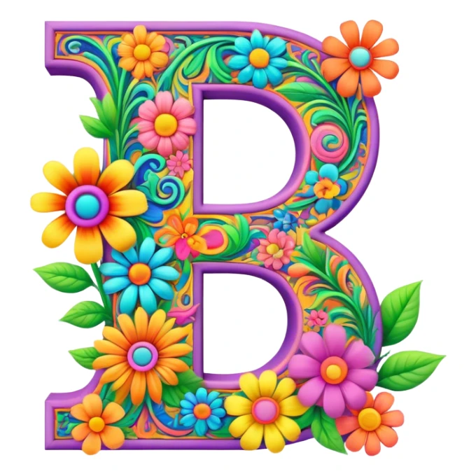 3D, gothic style psychedelic colored Letter D with hippie style flower border sticker