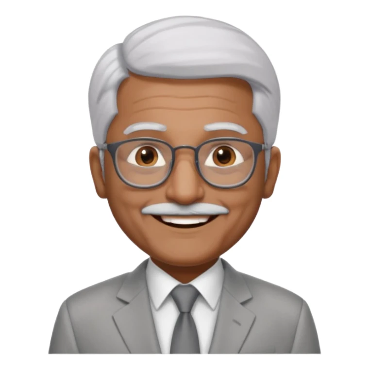 60 yr old indian man, short straight white hair brushed foreward , light grey business suit, big smile, dark brown skin, no moustache, dark brown eyes, glasses
 sticker
