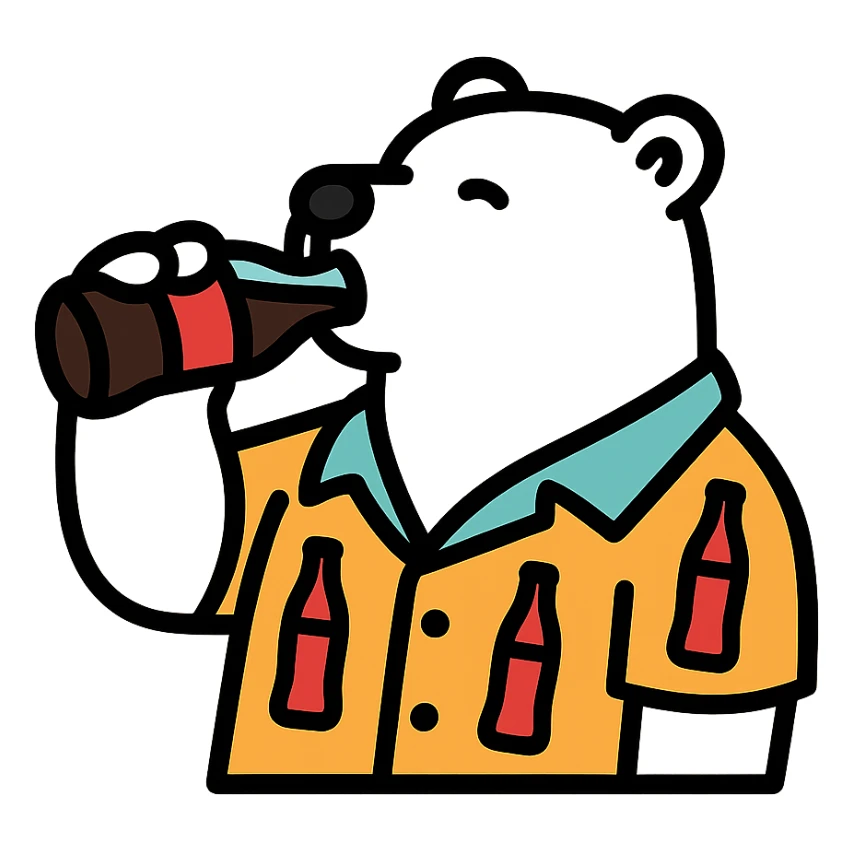 polar bear wearing a Hawaiian shirt with Coke bottles printed on it, drinking a bottle of Coca-Cola sticker