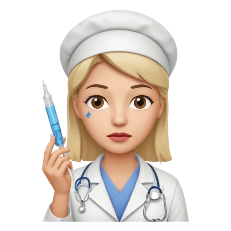 healthcare professional nurse holding a syringe in hand, doubtful expression, one raised eyebrow, crooked mouth, as if wondering something sticker