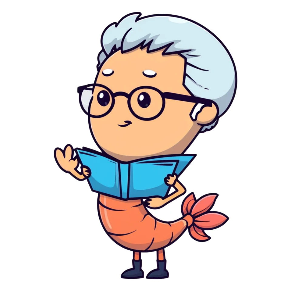 a little shrimp that is old with white hair and glasses, elderly shrimp character with white eyebrows and hair, wearing round glasses sticker