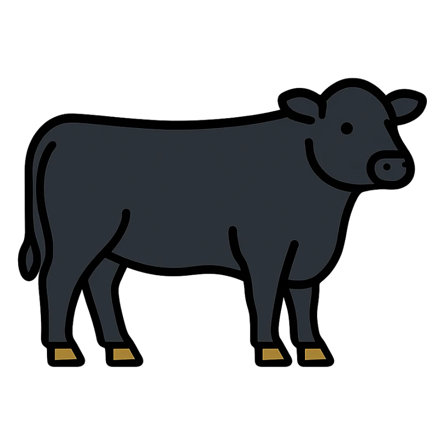 Aberdeen Angus cow, realistic black coat, standing, simple background, icon style sticker
