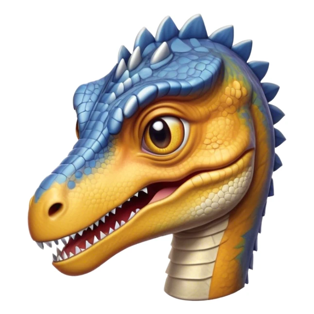 Cinematic Realistic Cute velociraptor/T-rex Portrait Emoji, Head tilted playfully and inquisitively, featuring a compact, slightly rounded build with intricately detailed, textured scales in natural hues and a surprisingly endearing face with bright, curious eyes, rendered with lifelike clarity and warm natural light, high shine, affectionate and quirky, styled with a touch of prehistoric whimsy, soft glowing outline, capturing the essence of a mischievous yet lovable velociraptor/T-rex that seems poised to stomp playfully into your arms! sticker