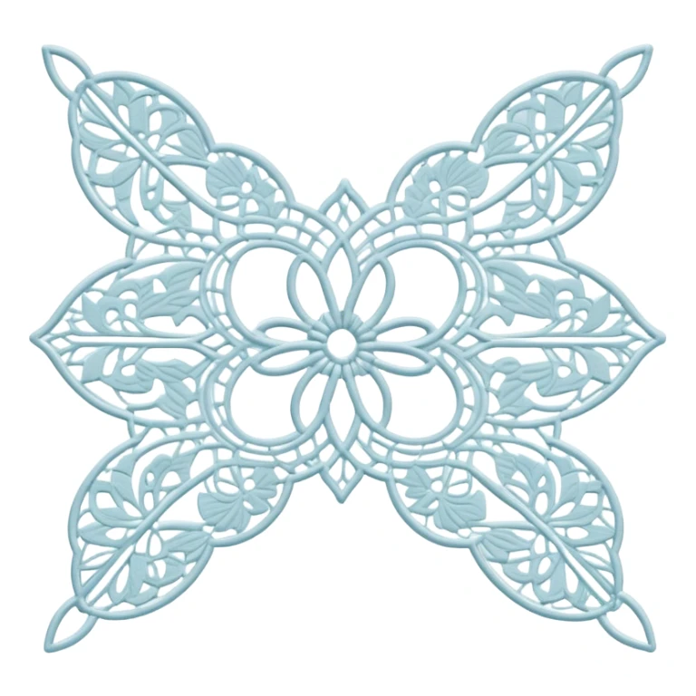 Lace making icon, partially finished lace with intricate patterns, shuttle and thread, delicate details, minimalistic style, clean lines, transparent background. sticker