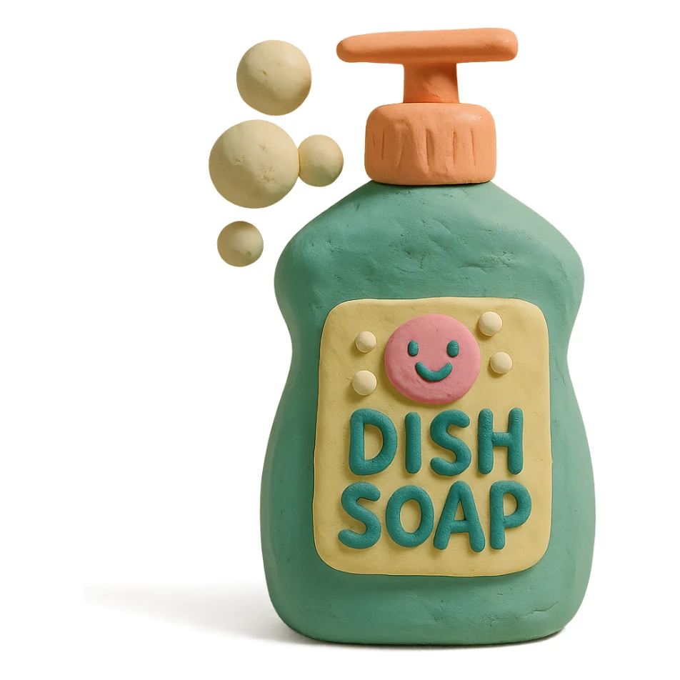 dish soap bottle in claymation style with bubbles and a playful label, pastel palette sticker