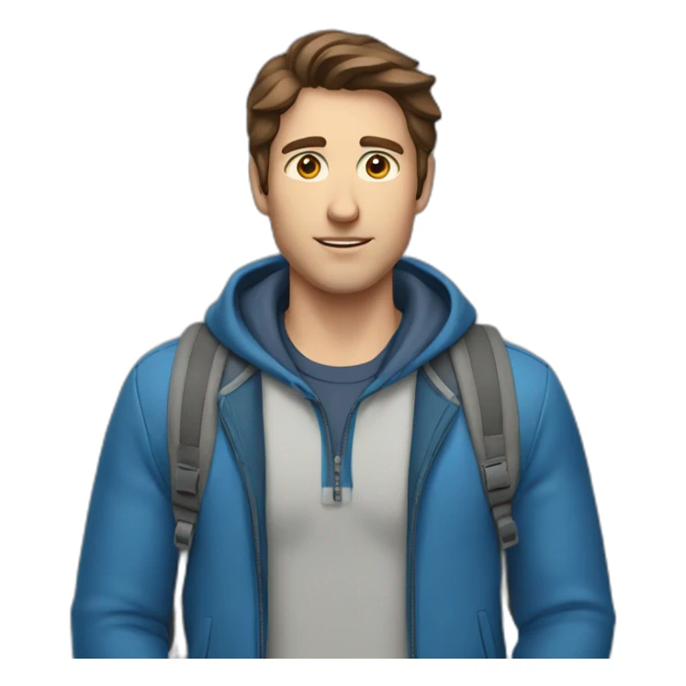 a guy with brown hair and gray eyes in a blue jacket with a backpack on his back sticker
